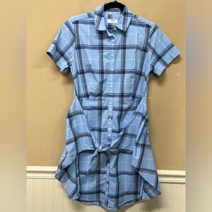 Untuckit Short Sleeve Caroline Shirt Dress Blue Plaid Tie Front Size 6